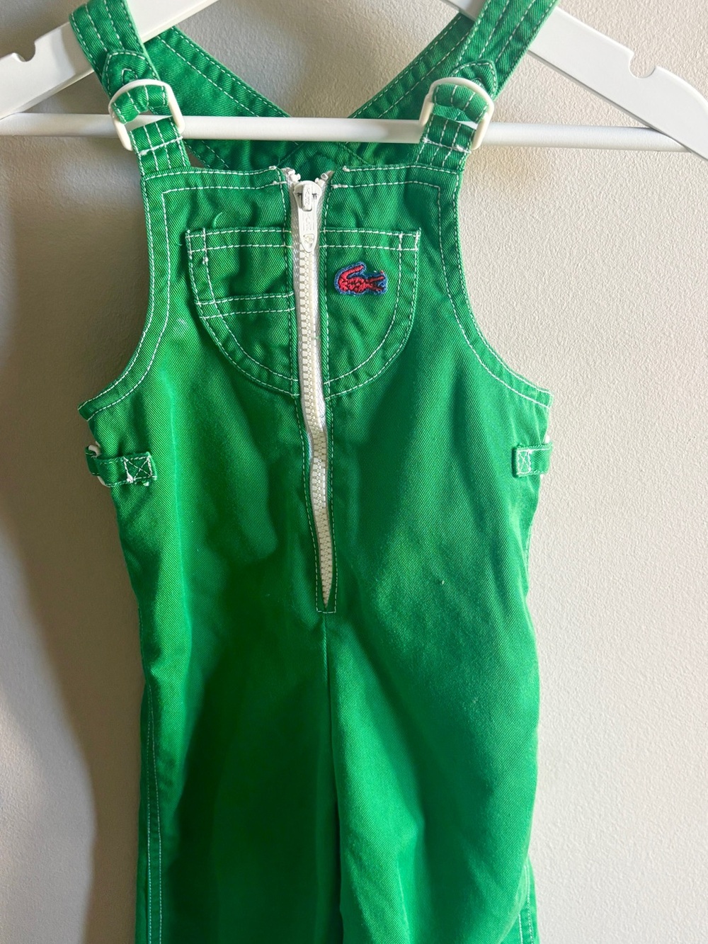 Vintage 80s IZOD Lacoste Baby Overalls 18M Green Crocodile Preppy Romper